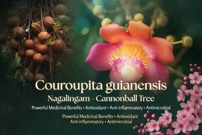 "Sacred Nagalingam flower or Cannonball tree flower showing Shiva Linga shape inside